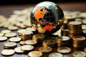 vicino su mondo mini sfera, monete, e di legno tavolo simboleggiare globale finanza ai generato foto