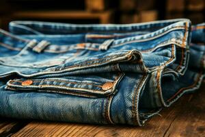 classico blu denim pantaloni contro rustico di legno fondale creare un' senza tempo contrasto. ai generato foto