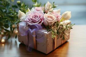 elevato bellezza leggero sfondo migliora il scatola ornato con incantevole fiori ai generato foto