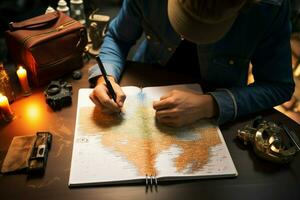 su un' viaggio sfondo, un' maschio mano detiene un' penna, taccuino, e carta geografica per viaggio pianificazione ai generato foto
