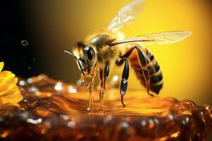nel volo, un' ape grazie un' barattolo, miele scintillante nel delicato gocce ai generato foto