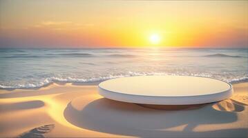 ai generativo, vuoto arrotondato di legno podio Prodotto Schermo su bianca sabbia spiaggia al di sopra di il oceano foto