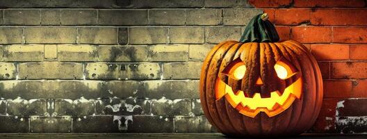 ai generativo, Jack o lanterna su un' mattone parete per Halloween giorno celebrazione foto