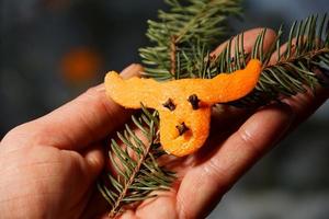 renna rudi come figure decorative natalizie fatte di buccia d'arancia e piccolo ramo di albero di natale sulla mano della donna. foto