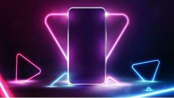 smartphone con neon triangolo telaio su sfondo e blu e rosa neon triangoli su buio scena foto