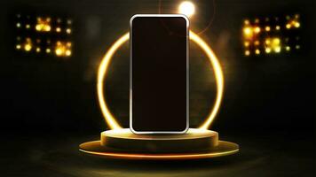 smartphone su realistico vuoto oro podio galleggiante nel il aria con oro neon squillare su sfondo e faretti foto
