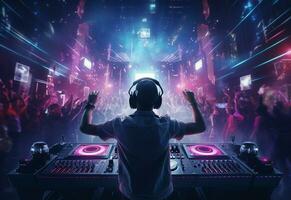 ai generativo dj giocando e miscelazione musica nel discoteca festa a notte . edm danza musica club con folla di giovane persone foto