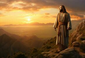 ai generativo Gesù Cristo nel il colline a tramonto nel bulla realistico Immagine, ultra hd, alto design molto dettagliato 8 mila foto