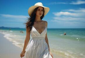 ai generativo giovane turista donna nel estate vestito e cappello in piedi su bellissimo sabbioso spiaggia. carino ragazza godendo foto