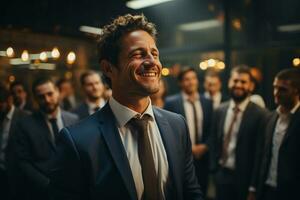 ai generativo gruppo di contento attività commerciale uomo e attività commerciale donne, vestito nel tute siamo sorridente, nel il ufficio foto