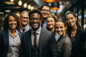 ai generativo gruppo di contento attività commerciale uomo e attività commerciale donne, vestito nel tute siamo sorridente, nel il ufficio foto