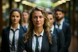 ai generativo gruppo di contento attività commerciale uomo e attività commerciale donne, vestito nel tute siamo sorridente, nel il ufficio foto