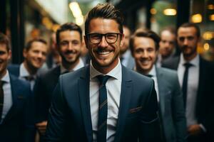 ai generativo gruppo di contento attività commerciale uomo e attività commerciale donne, vestito nel tute siamo sorridente, nel il ufficio foto