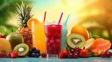 foto un' davanti Visualizza fresco frutta cocktail con fresco frutta fette ghiaccio raffreddamento su blu, bevanda succo co