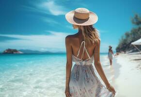 ai generativo giovane turista donna nel estate vestito e cappello in piedi su bellissimo sabbioso spiaggia. carino ragazza godendo foto