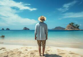 ai generativo indietro Visualizza giovane turista uomo nel estate vestito e cappello in piedi su bellissimo sabbioso spiaggia. godendo. foto