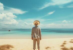 ai generativo indietro Visualizza giovane turista uomo nel estate vestito e cappello in piedi su bellissimo sabbioso spiaggia. godendo. foto