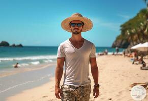 ai generativo indietro Visualizza giovane turista uomo nel estate vestito e cappello in piedi su bellissimo sabbioso spiaggia. godendo. foto