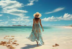 ai generativo giovane turista donna nel estate vestito e cappello in piedi su bellissimo sabbioso spiaggia. carino ragazza godendo foto