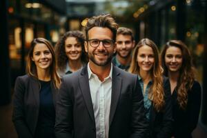 ai generativo gruppo di contento attività commerciale uomo e attività commerciale donne, vestito nel tute siamo sorridente, nel il ufficio foto