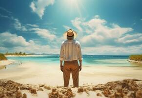 ai generativo indietro Visualizza giovane turista uomo nel estate vestito e cappello in piedi su bellissimo sabbioso spiaggia. godendo. foto