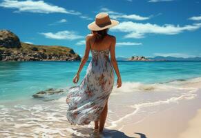 ai generativo giovane turista donna nel estate vestito e cappello in piedi su bellissimo sabbioso spiaggia. carino ragazza godendo foto