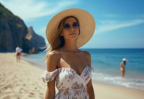 ai generativo giovane turista donna nel estate vestito e cappello in piedi su bellissimo sabbioso spiaggia. carino ragazza godendo foto