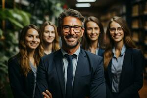 ai generativo gruppo di contento attività commerciale uomo e attività commerciale donne, vestito nel tute siamo sorridente, nel il ufficio foto