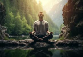 ai generativo foto di un' uomo praticante consapevolezza e meditazione nel un' tranquillo, calmo naturale ambiente sony a7s realistico Immagine, ultra hd, alto design molto dettagliato