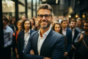 ai generativo gruppo di contento attività commerciale uomo e attività commerciale donne, vestito nel tute siamo sorridente, nel il ufficio foto