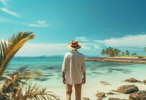 ai generativo indietro Visualizza giovane turista uomo nel estate vestito e cappello in piedi su bellissimo sabbioso spiaggia. godendo. foto