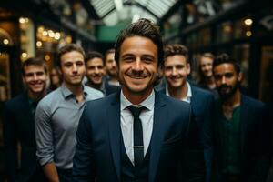 ai generativo gruppo di contento attività commerciale uomo e attività commerciale donne, vestito nel tute siamo sorridente, nel il ufficio foto