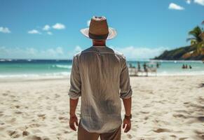 ai generativo indietro Visualizza giovane turista uomo nel estate vestito e cappello in piedi su bellissimo sabbioso spiaggia. godendo. foto