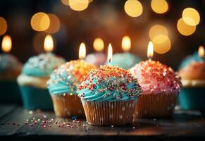 ai generativo compleanno cupcakes con sfocatura sfondo colorato palloncini realistico Immagine, ultra hd, alto design molto foto