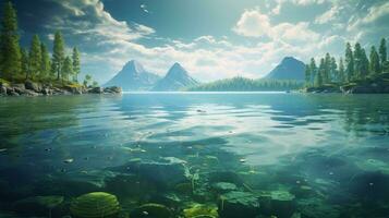 travolgente largo angolo Visualizza di un' sereno, magico lago, un incantevole naturale Meraviglia foto