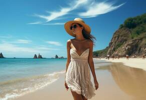 ai generativo giovane turista donna nel estate vestito e cappello in piedi su bellissimo sabbioso spiaggia. carino ragazza godendo foto