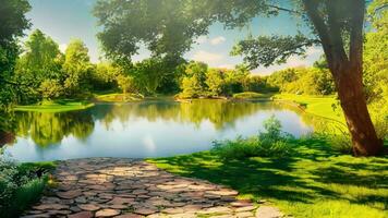 bellissimo colorato estate primavera naturale paesaggio con un' lago nel parco circondato di verde fogliame di alberi nel luce del sole e pietra sentiero nel primo piano. ai generativo. foto