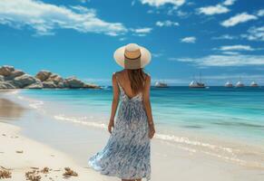 ai generativo giovane turista donna nel estate vestito e cappello in piedi su bellissimo sabbioso spiaggia. carino ragazza godendo foto