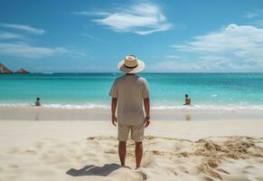 ai generativo indietro Visualizza giovane turista uomo nel estate vestito e cappello in piedi su bellissimo sabbioso spiaggia. godendo. foto