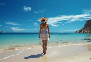 ai generativo giovane turista donna nel estate vestito e cappello in piedi su bellissimo sabbioso spiaggia. carino ragazza godendo foto