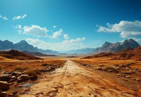 ai generativo foto strada chiaro cielo deserto montagne paesaggio realistico Immagine, ultra hd, alto design molto dettagliato