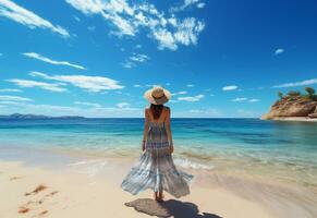 ai generativo giovane turista donna nel estate vestito e cappello in piedi su bellissimo sabbioso spiaggia. carino ragazza godendo foto