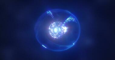 astratto blu energia sfera con volante raggiante luminosa particelle, scienza futuristico atomo con elettroni hi-tech sfondo foto