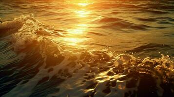 vicino su di mare onde Crashing con il scintillante riflessione di il sole ai generato foto