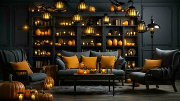 un' camera decorato per Halloween con candele e zucche con pauroso facce foto