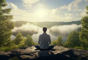 ai generativo foto di un' uomo praticante consapevolezza e meditazione nel un' tranquillo, calmo naturale ambiente sony a7s realistico Immagine, ultra hd, alto design molto dettagliato