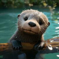 Là è un' piccolo lontra quello è seduta su un' log nel il acqua. generativo ai. foto