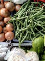 un' collezione di verdure come visto a partire dal sopra. il tipi di verdure siamo cipolle, fagioli, fagiolo germogli, e chayote posto nel un' blu cestino foto