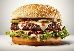 ai generativo Doppio Hamburger isolato su bianca sfondo fresco hamburger veloce cibo con Manzo e crema formaggio realistico Immagine, ultra hd, alto design molto dettagliato foto
