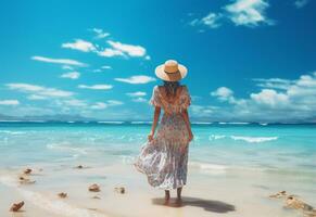 ai generativo giovane turista donna nel estate vestito e cappello in piedi su bellissimo sabbioso spiaggia. carino ragazza godendo foto